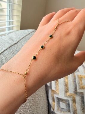 Gold Handchain Bracelet with Green Stones